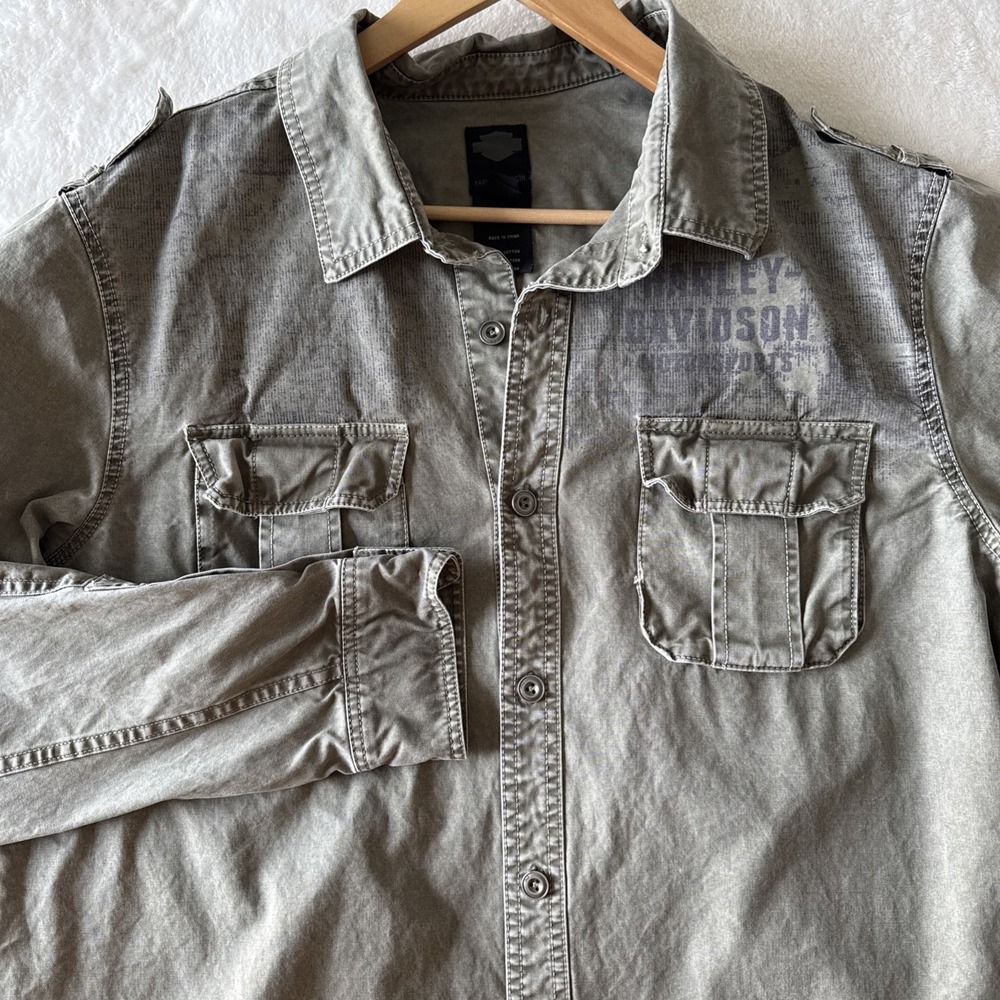 Harley Davidson Men's XL 100% Cotton Motorcycle Button Up Shirt Army Green